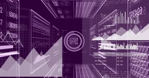 Image of light trails over data processing on purple background 스톡 사진