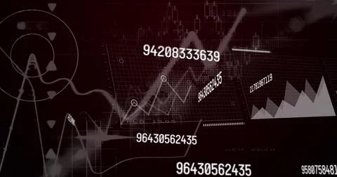 Image of light trails over data processing on black background Foto stock