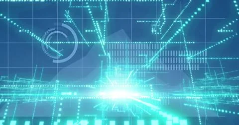 Image of light trails over data processing on blue background Stock Photos