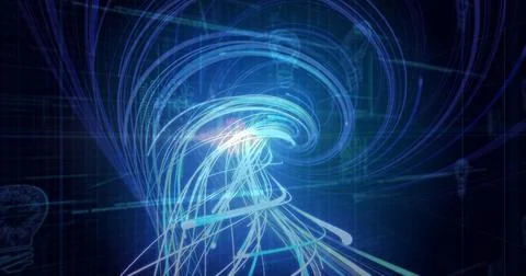 Image of light trails over data processing and light bulb on black background 스톡 사진