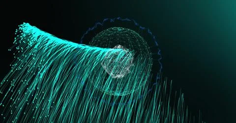 Image of light trails over globe of connections on black background Stock Illustration