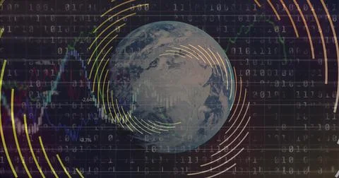 Image of light trails over globe with binary coding Stock Photos