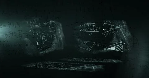 Image of light trails over mathematical equations on black background 스톡 사진