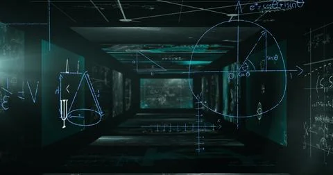 Image of light trails over mathematical equations on black background 스톡 사진