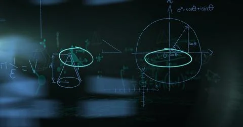 Image of light trails over mathematical equations on black background 스톡 사진