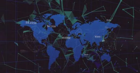 Image of light trails over network of connections with data processing and world Stockillustratie
