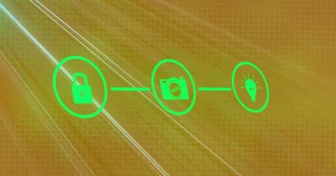 Image of light trails over network of connections with icons on black background Illustrazione stock