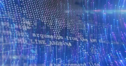 Image of light trails over world map with data processing on black background Illustrazione stock