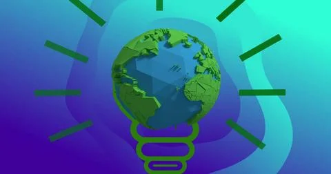 Image of lightbulb with globe on blue background 스톡 사진
