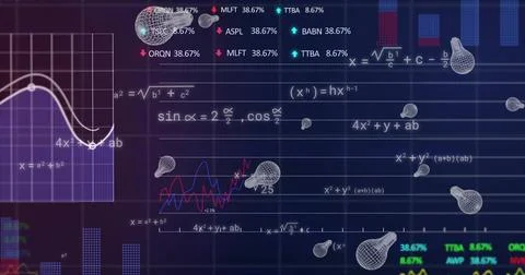 Image of lightbulbs and digital data processing on black background Stock Photos