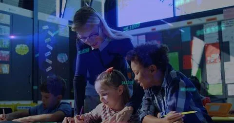 Image of lights and data moving over female teacher teaching children a lesson Stock Illustration