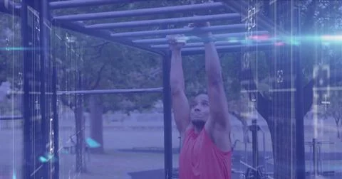 Image of lights and data processing over male athlete exercising on monkey bars Stock Photos