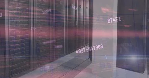 Image of lights and data processing over computer server room Foto stock