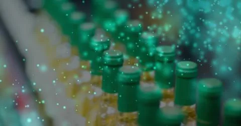 Image of lights over blurred wine bottles in shop Ilustração Stock
