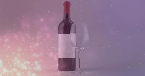 Image of lights over bottle of red wine on violet background Ilustração Stock
