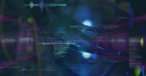 Image of lights, shapes and data processing in navy digital space Stock Photos