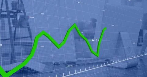 Image of line graph moving with numbers over desktop on desk in cabin at office Stock Photos