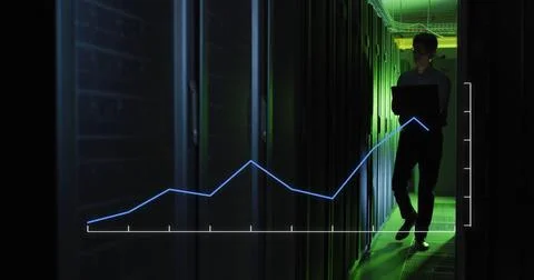 Image of line graph showing growth over asian male engineer with laptop checking Stock Illustration