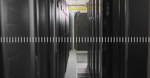 Image of line graphs over data server racks in server room Stock Photos