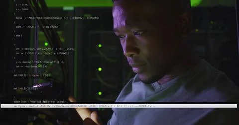 Image of lines and data over african american man in server room 写真素材