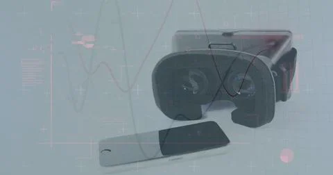Image of lines and data processing over smartphone and vr headset Stockillustratie