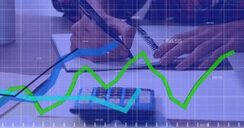 Image of lines and data processing on grid over woman writing Foto stock