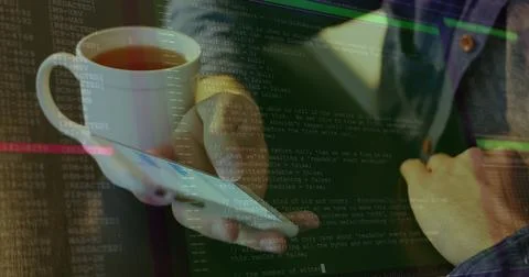 Image of lines and data processing over hands of caucasian man using smartphone Stock Photos