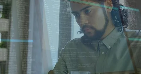 Image of lines and data processing over man using laptop Stock Photos
