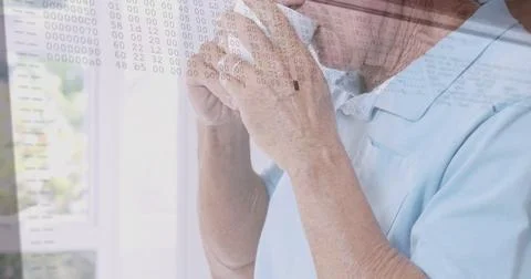 Image of lines and data processing over senior caucasian man drinking coffee Stock Photos