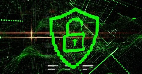 Image of lines and digital padlock over black background Foto stock