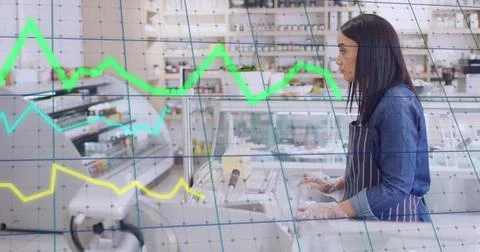 Image of lines and financial data processing over woman serving in shop Stock Photos