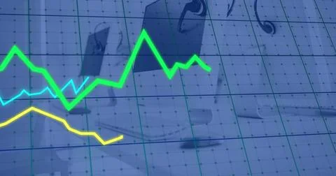 Image of lines and financial data processing over office Stock Photos