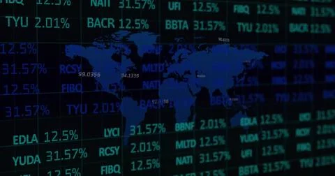 Image of lines and financial data processing over dark background 库存照片