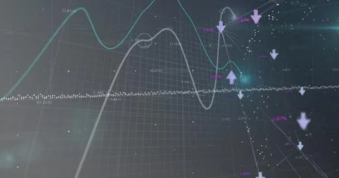 Image of lines and numbers changing, arrows and data processing over grid Stock Photos