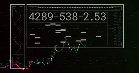 Image of lines, changing numbers, loading bars and multiple graphs over black Foto stock
