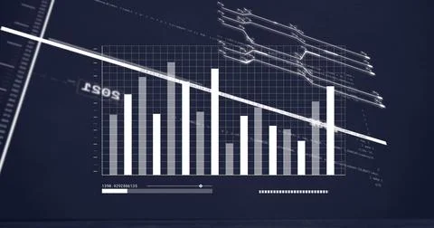Image of lines with changing numbers over graph and loading bar against circuit Foto stock