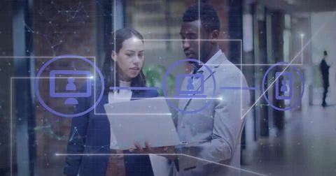 Image of lines, connected icons over connected dots, diverse coworkers Stock Photos