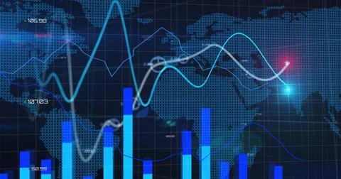 Image of lines with financial data processing over world map Ilustração Stock