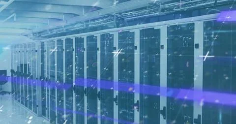 Image of lines flickering and markers moving over computer servers in background Illustrazione stock