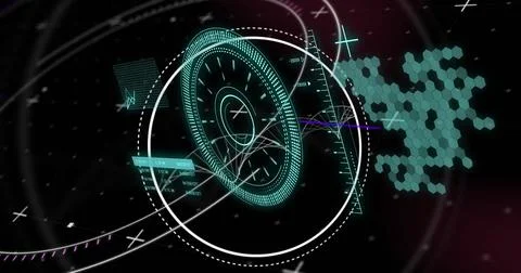 Image of lines, graphs and loading circles over hexagon pattern against black Stock Photos