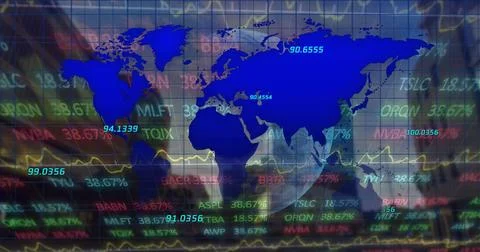 Image of lines on map over numbers and trading board against low angle view.. Ilustração Stock