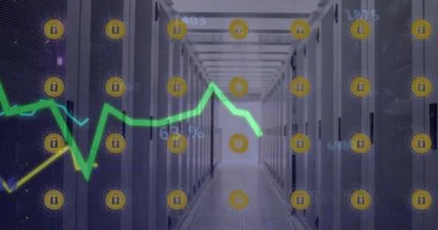 Image of lines processing with online security icons over computer servers Stock Photos