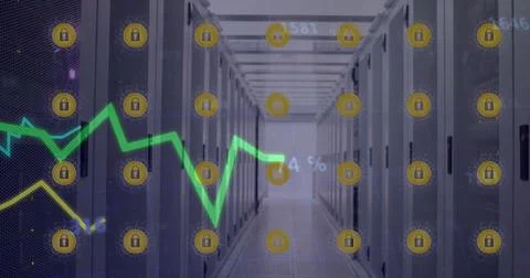 Image of lines processing with online security icons over computer servers Stock Photos