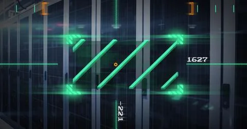 Image of lines in viewfinder with changing numbers over data server racks Stock Photos