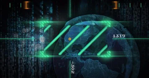 Image of lines in viewfinder, changing numbers, computer language, globe over Stock Photos