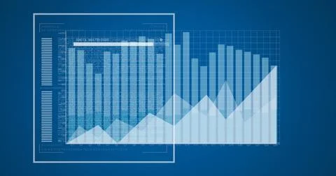 Image of loading bar with changing numbers, graphs, data over blue background Stock Photos