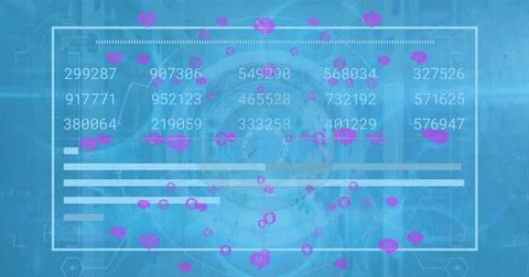 Image of loading bars and changing number over icons globe against circles .. Foto stock