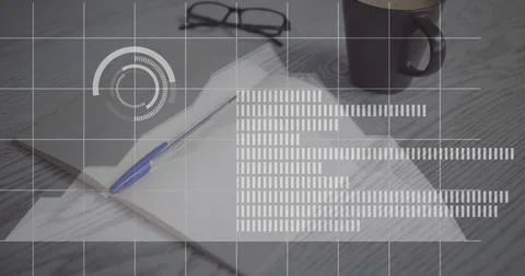 Image of loading bars and circles over book, pen, spectacles and coffee cup on Stock Photos