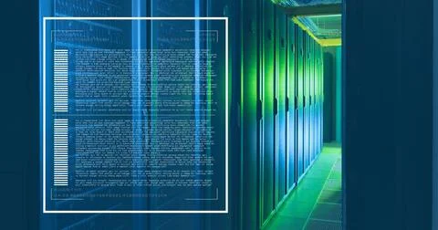 Image of loading bars and computer language over data server room Stock Photos