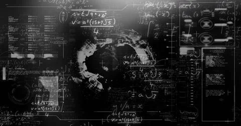 Image of loading bars and globe with mathematical equation on black background Stock Photos